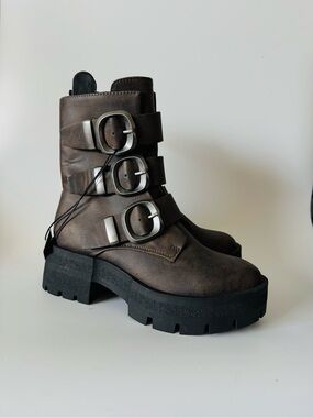 Women's Brown Triple-Buckle Platform Combat Boots